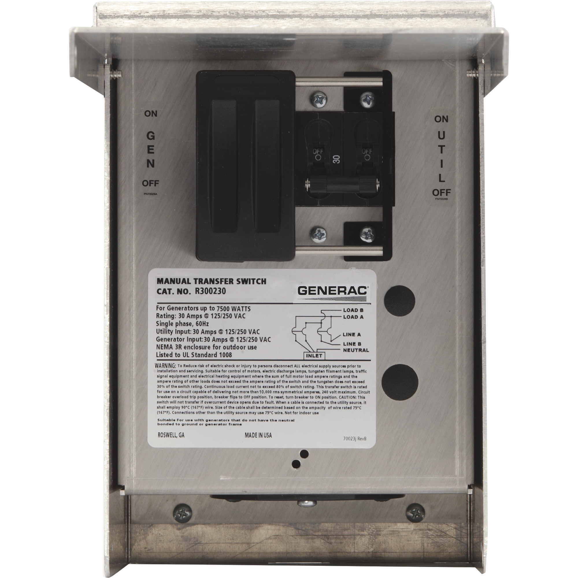 Generac Manual Generator Transfer Switch, 30 Amps, 125/250 Volts, Single Phase, Model# 6377